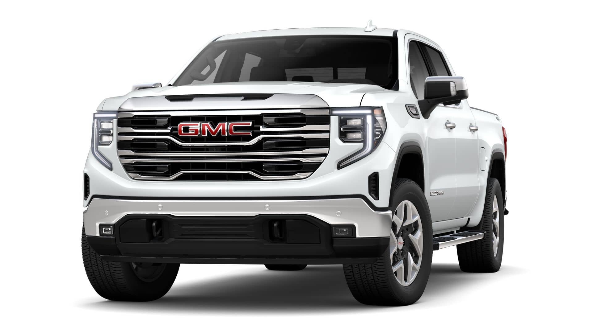 2026 GMC Sierra 1500 SLT in Summit White — front three-quarter view